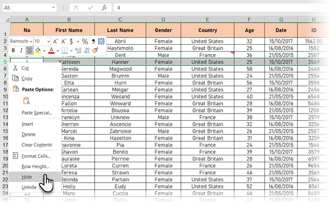 Ocultar filas en Excel