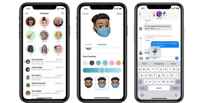 Capturas de pantalla de iPhone de la aplicación Mensajes de Apple, de izquierda a derecha: chats anclados, máscara facial para tu Memoji y menciones en chats grupales