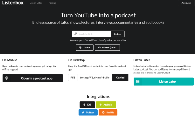 ListenBox convierte videos, canales y listas de reproducción de YouTube en fuentes RSS de podcasts