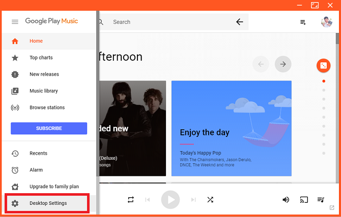 configuración de escritorio del reproductor de escritorio google play music