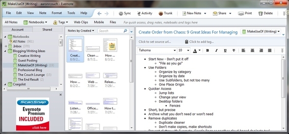 Crear orden a partir del caos: 9 excelentes ideas para administrar los archivos de su computadora Ejemplo de Evernote