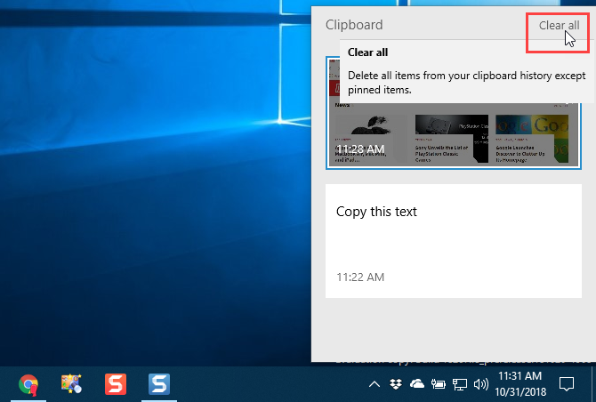 Borrar todo el historial del portapapeles en el portapapeles en Windows 10