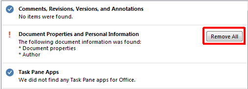 Botón de eliminación del inspector de documentos de Microsoft Word 2013