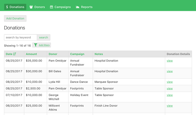 ejemplo de aplicación de donador de donativos