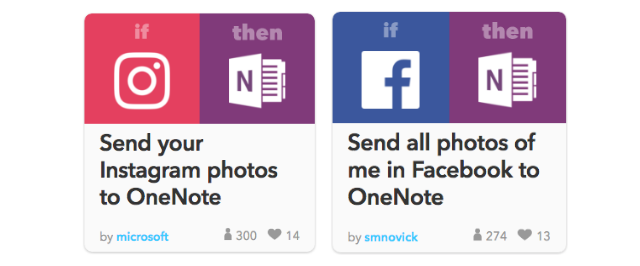 Integraciones sociales OneNote con ejemplo de característica IFTTT