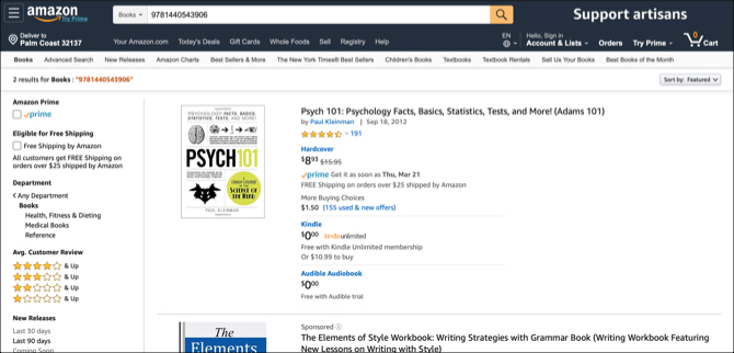 Resultados de búsqueda en línea de libros de texto de Amazon