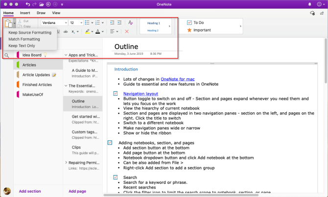 herramientas de formato en OneNote Mac