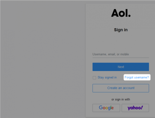 aol ventana de inicio de sesión olvidó nombre de usuario