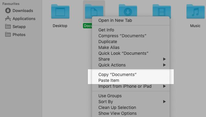 Opciones de copiar y pegar en el menú contextual del Finder en Mac