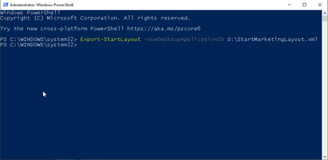Exportar diseño de inicio a través de PowerShell en Windows 1809