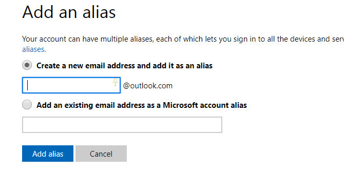 agregar un alias - correo electrónico de cuenta de microsoft