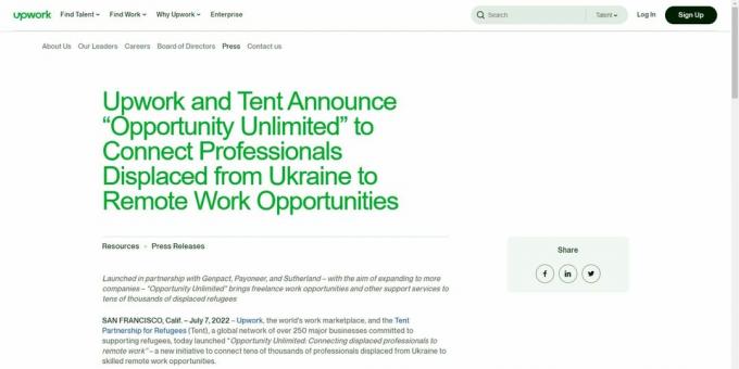 Una imagen del comunicado de prensa de Upwork anunciando la iniciativa