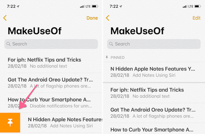 Funciones de Apple Notes - Notas de pin