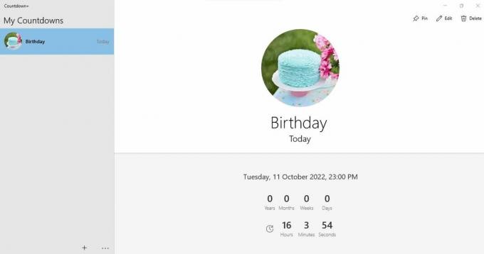 Interfaz de la aplicación Countdown+ que muestra la cuenta regresiva del cumpleaños