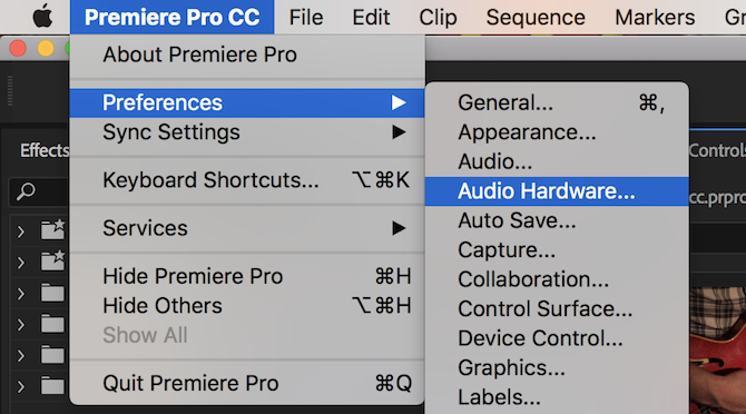 Menú de hardware de audio de Premiere Pro