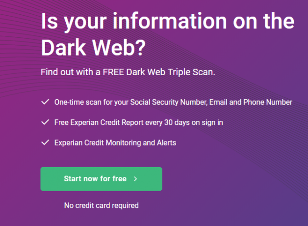 Página de información de exploración web oscura de Experian