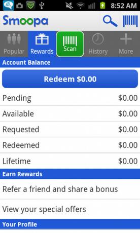 Obtenga un pago por comprar de manera más inteligente con Smoopa [Android 1.6+ y iOS] balance de recompensa smoopa