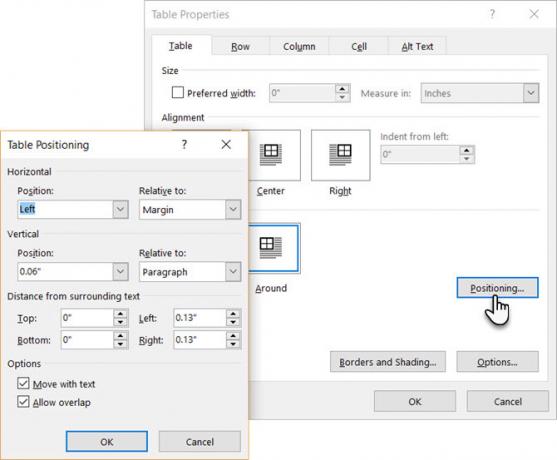 Tabla de posición de Microsoft Word