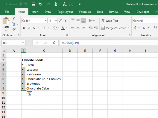 Función CHAR ingresada en celdas en Excel