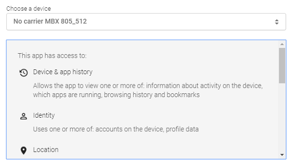 Esta captura de pantalla muestra un dispositivo Android dentro del Administrador de dispositivos de Google