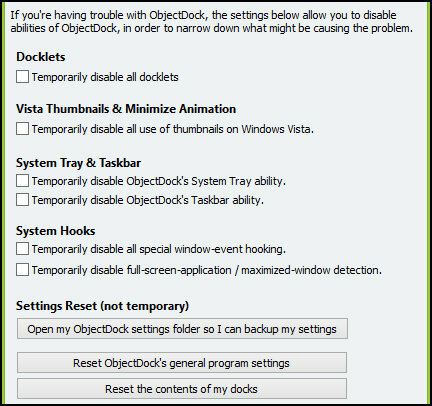 ObjectDock: personalice rápidamente su escritorio y aumente su funcionalidad [Windows] Opciones de solución de problemas de configuración de ObjectDock