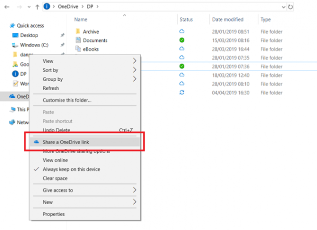 menú compartido de onedrive