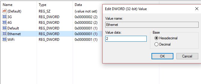 Registro de conexión medida de Windows 10 Editar