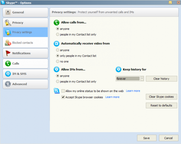 Pestaña de configuración de privacidad de Skype