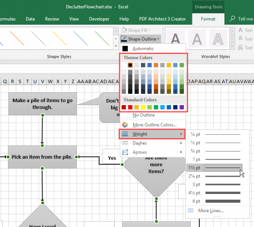 Cambiar el color y el peso de las líneas de conector en un diagrama de flujo en Excel