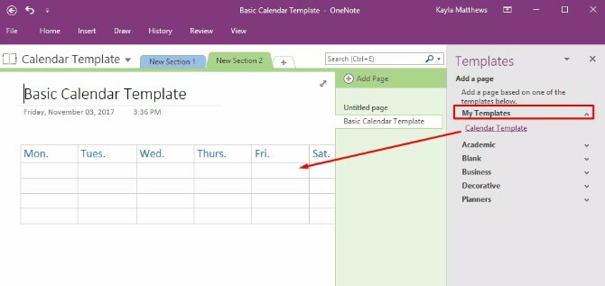 crear plantilla de calendario onenote