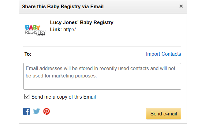 cuadro de compartir correo electrónico de Amazon Baby Registry