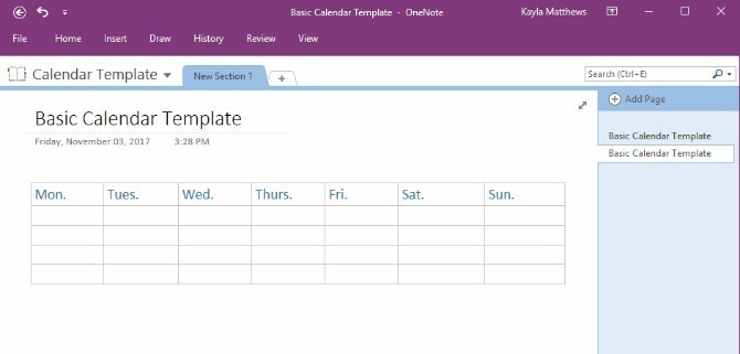 crear plantilla de calendario onenote