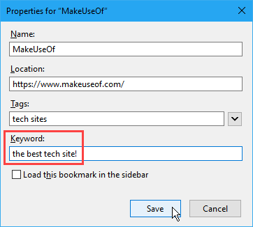 Use el campo Palabra clave para agregar una nota a un marcador en Firefox