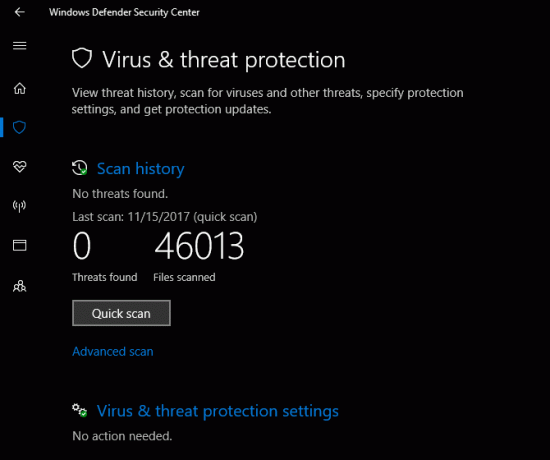 Protección contra amenazas y virus del Centro de seguridad de Windows Defender