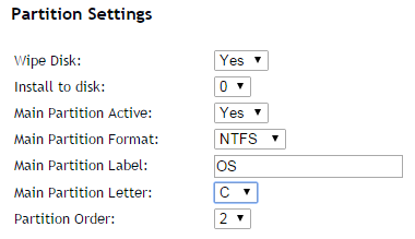 Configuración general de Windows Answer Generator Configuración de partición