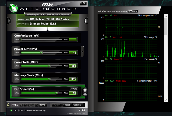captura de pantalla del programa msi afterburner