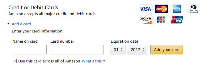 Tarjeta de método de pago de Amazon Shopping Guide Amazon