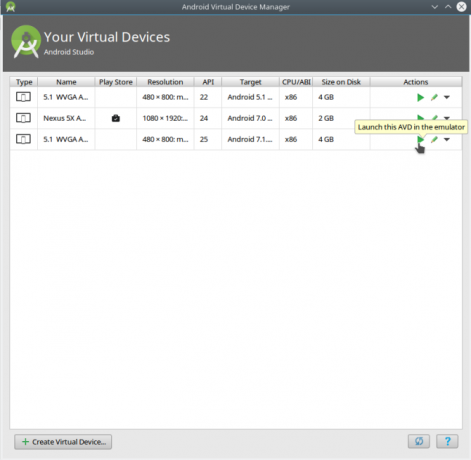 lanzamiento de versiones de android studio avdmanager