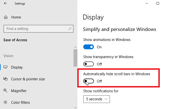 Cómo mostrar siempre las barras de desplazamiento en las aplicaciones de la Tienda Windows ventanas 10 barras de desplazamiento