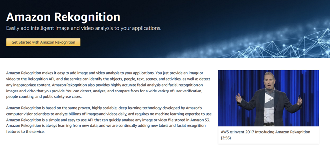 Captura de pantalla del sitio web de marketing Rekognition de Amazon 
