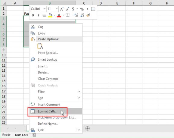 Seleccione Formato de celdas en el menú contextual en Excel