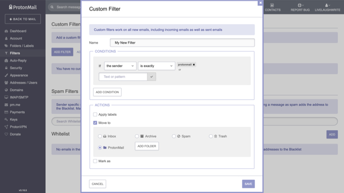 ProtonMail crea un filtro personalizado