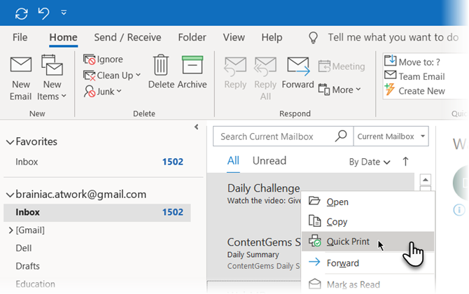 Haga clic derecho y seleccione Impresión rápida en el menú en Microsoft Outlook 