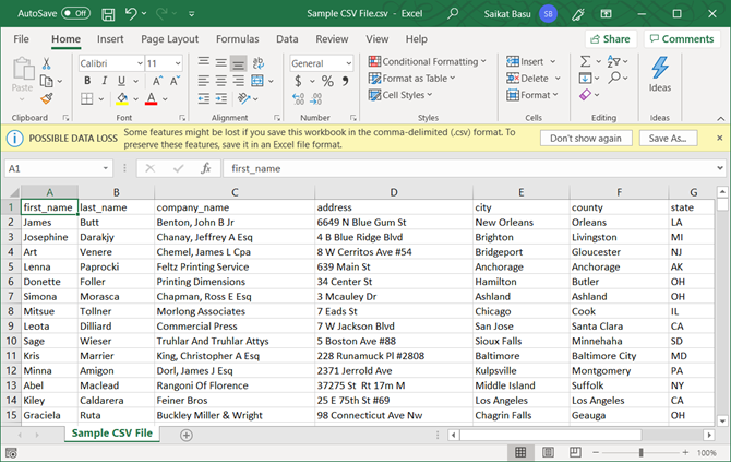 Archivo CSV abierto en Excel