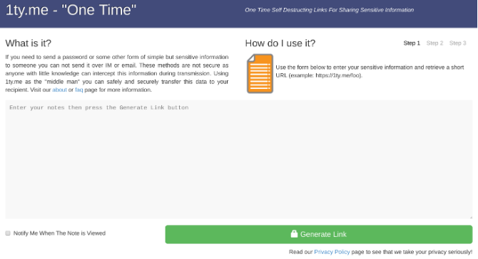 1ty.me es una aplicación segura para enviar notas de lectura y contraseñas únicas