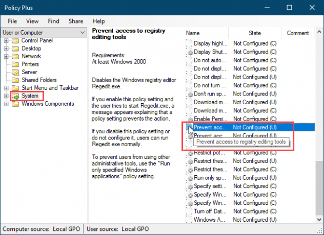 Haga doble clic en la configuración Impedir acceso a las herramientas de edición del registro en Policy Plus