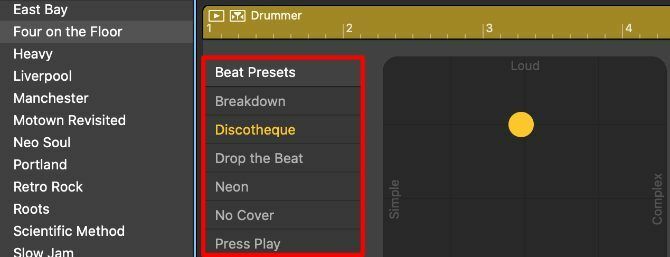 Beat Presets en la ventana Drummer Editor