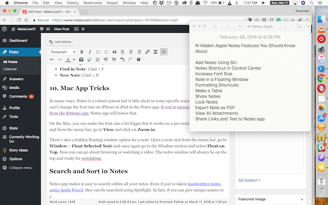 Funciones de Apple Notes - Ventana flotante de Mac