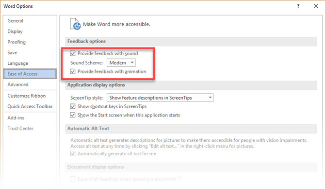 Cómo desactivar sonidos molestos en Microsoft Office 2016 Facilidad de acceso Efectos de sonido