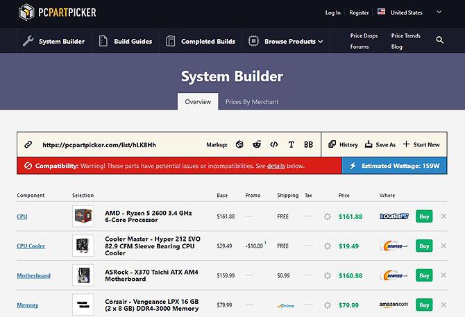 Uso de PC Part Picker: incompatibilidad